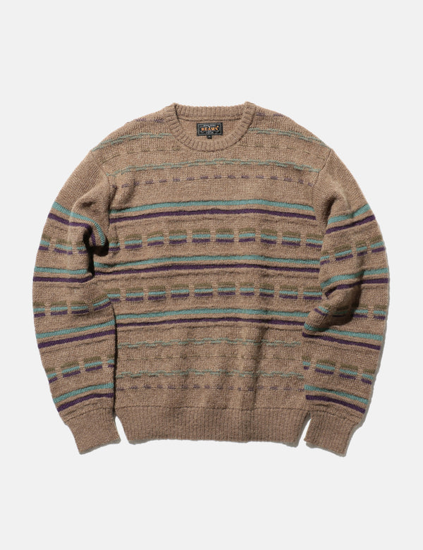 Beams Plus Jacquard Stripe Knitted Crew - Brown