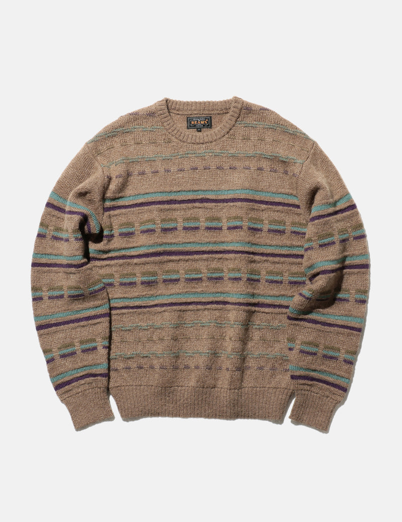 Beams Plus Jacquard Stripe Knitted Crew - Brown