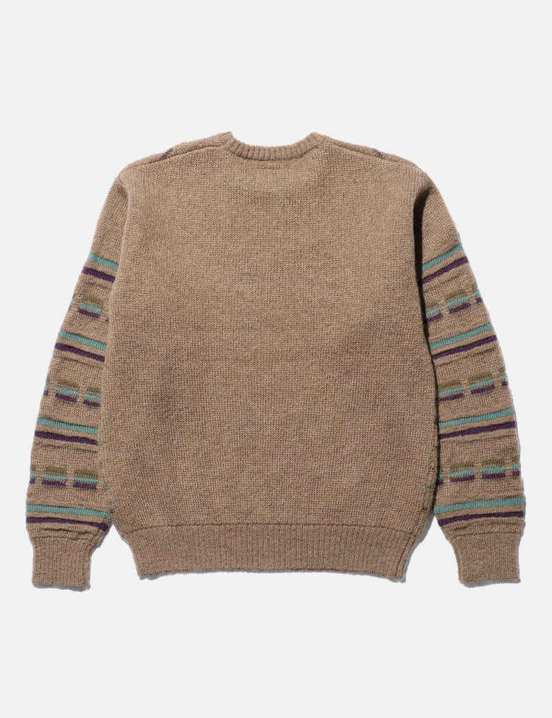 Beams Plus Jacquard Stripe Knitted Crew - Brown