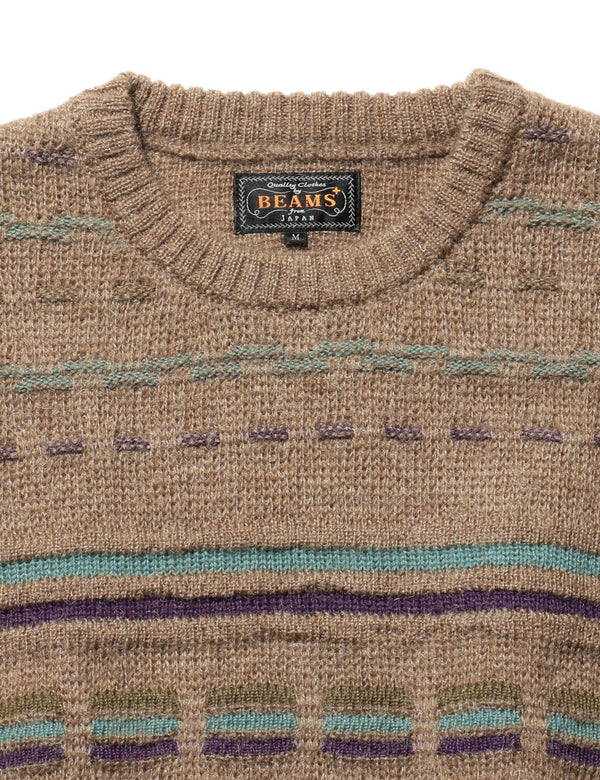 Beams Plus Jacquard Stripe Knitted Crew - Brown