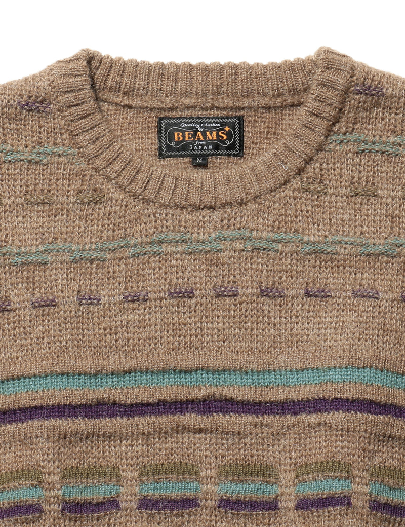 Beams Plus Jacquard Stripe Knitted Crew - Brown