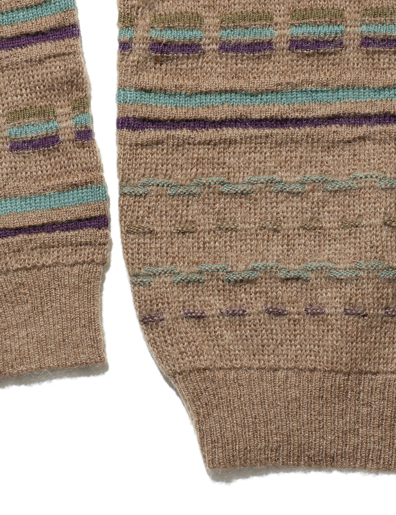 Beams Plus Jacquard Stripe Knitted Crew - Brown
