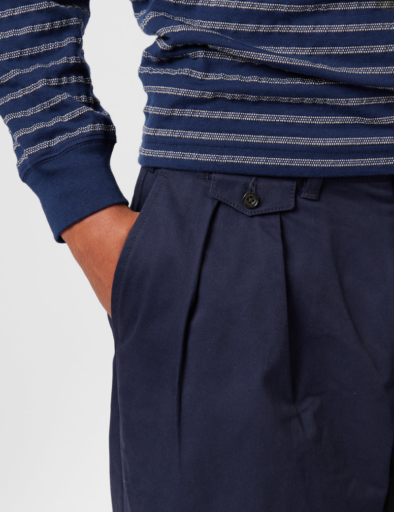 Beams Plus 2 Pleat Twill Pants - Dark Navy Blue