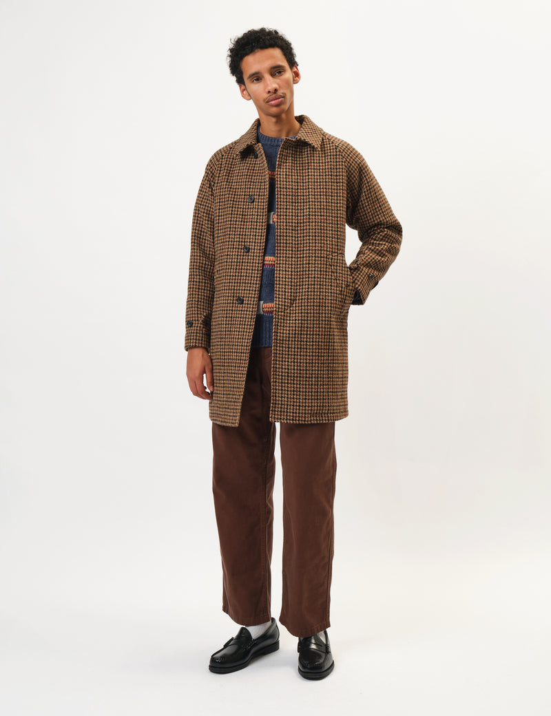 Beams Plus Balmacaan Collar Harris Tweed Coat - Gun Club Check Brown