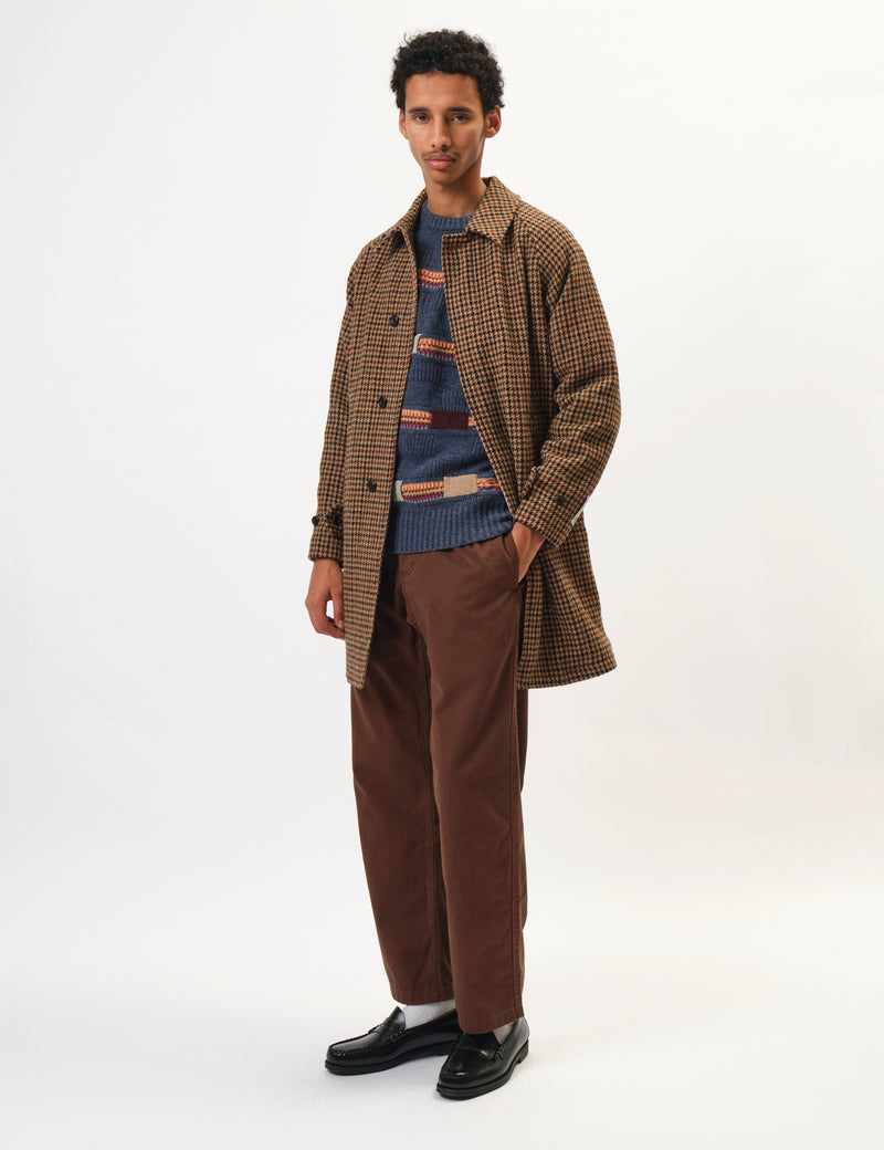 Beams Plus Balmacaan Collar Harris Tweed Coat - Gun Club Check Brown