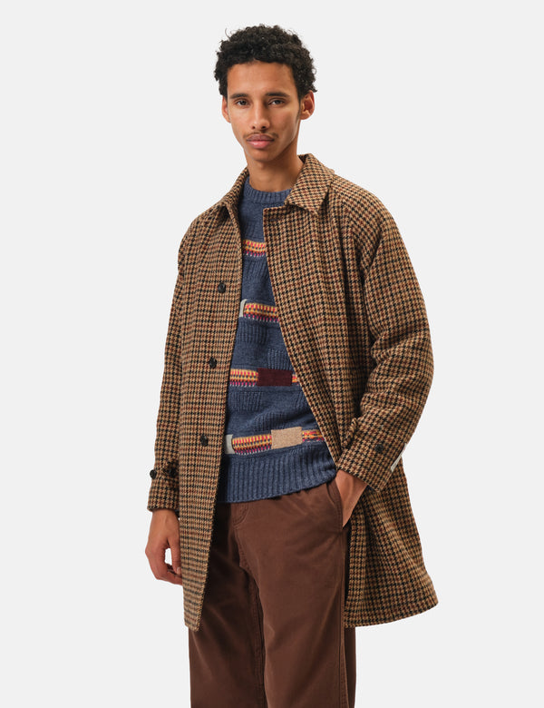 Beams Plus Balmacaan Collar Harris Tweed Coat - Gun Club Check Brown