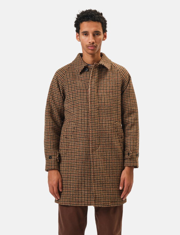 Beams Plus Balmacaan Collar Harris Tweed Coat - Gun Club Check Brown