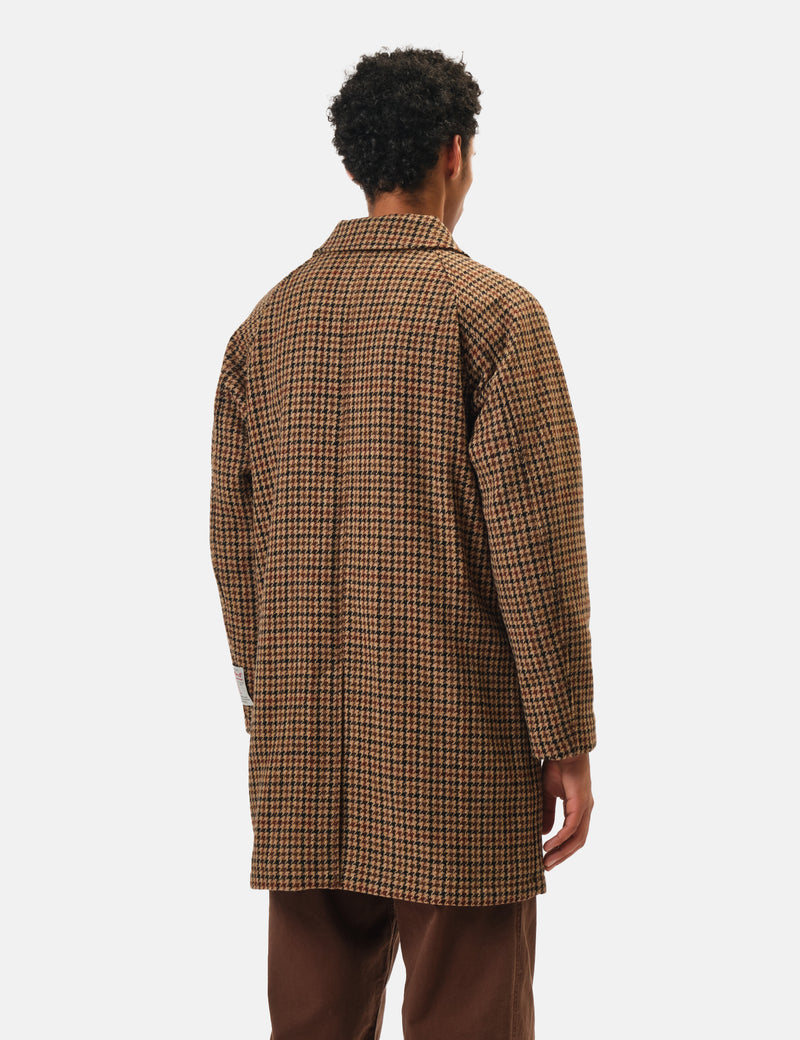 Beams Plus Balmacaan Collar Harris Tweed Coat - Gun Club Check Brown