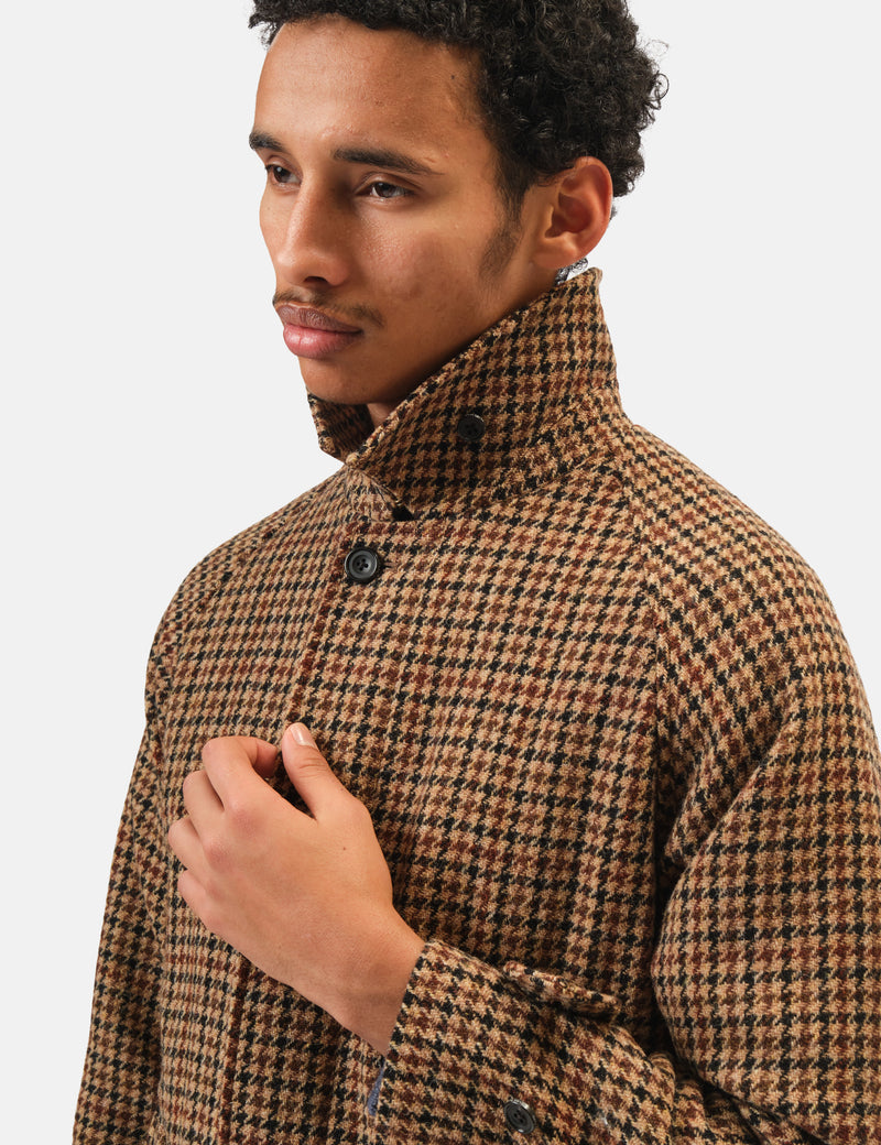 Beams Plus Balmacaan Collar Harris Tweed Coat - Gun Club Check Brown