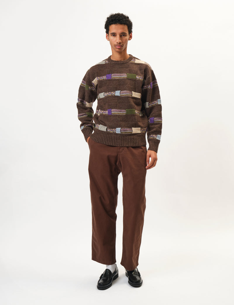 Beams Plus Jacquard Fair Isle Knitted Crew (Stripe 5G) - Brown
