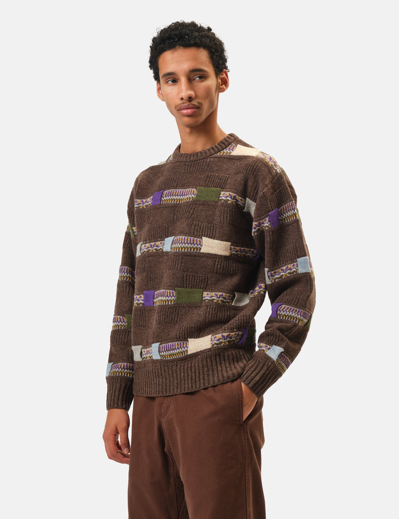 Beams Plus Jacquard Fair Isle Knitted Crew (Stripe 5G) - Brown