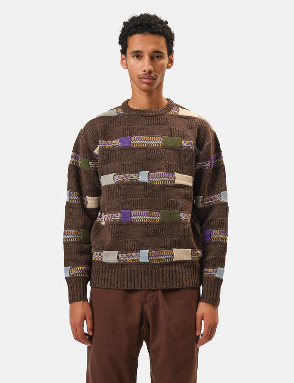 Beams Plus Jacquard Fair Isle Knitted Crew (Stripe 5G) - Brown