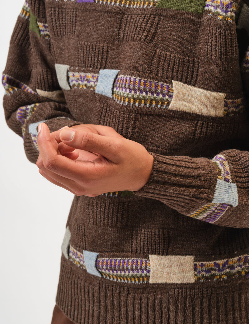 Beams Plus Jacquard Fair Isle Knitted Crew (Stripe 5G) - Brown