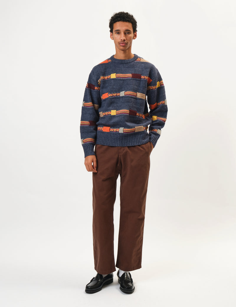 Beams Plus Jacquard Fair Isle Knitted Crew (Stripe 5G) - Navy Blue