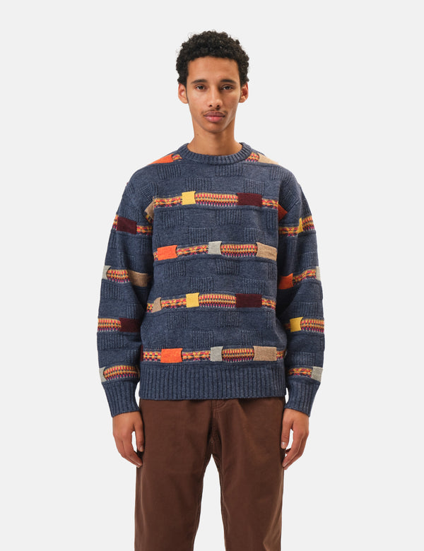Beams Plus Jacquard Fair Isle Knitted Crew (Stripe 5G) - Navy Blue