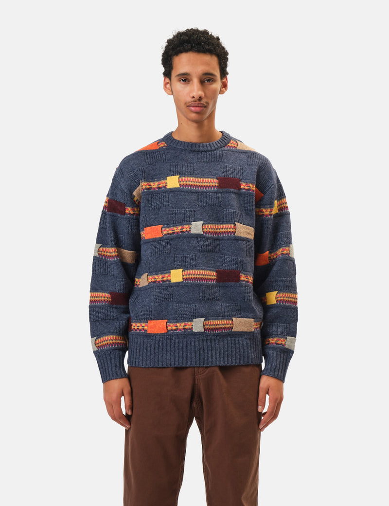 Beams Plus Jacquard Fair Isle Knitted Crew (Stripe 5G) - Navy Blue