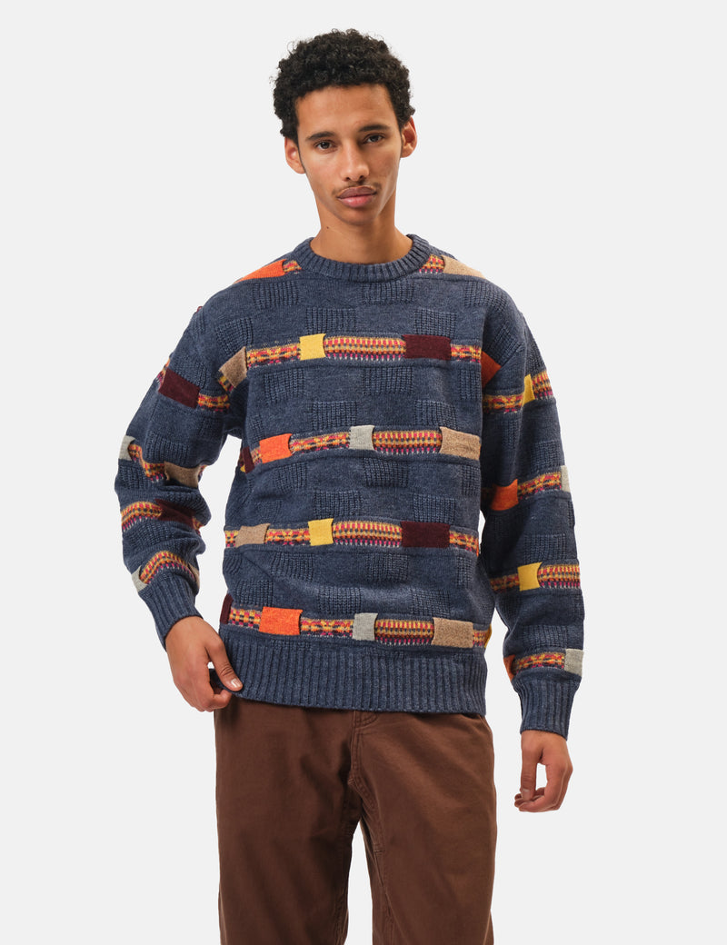 Beams Plus Jacquard Fair Isle Knitted Crew (Stripe 5G) - Navy Blue