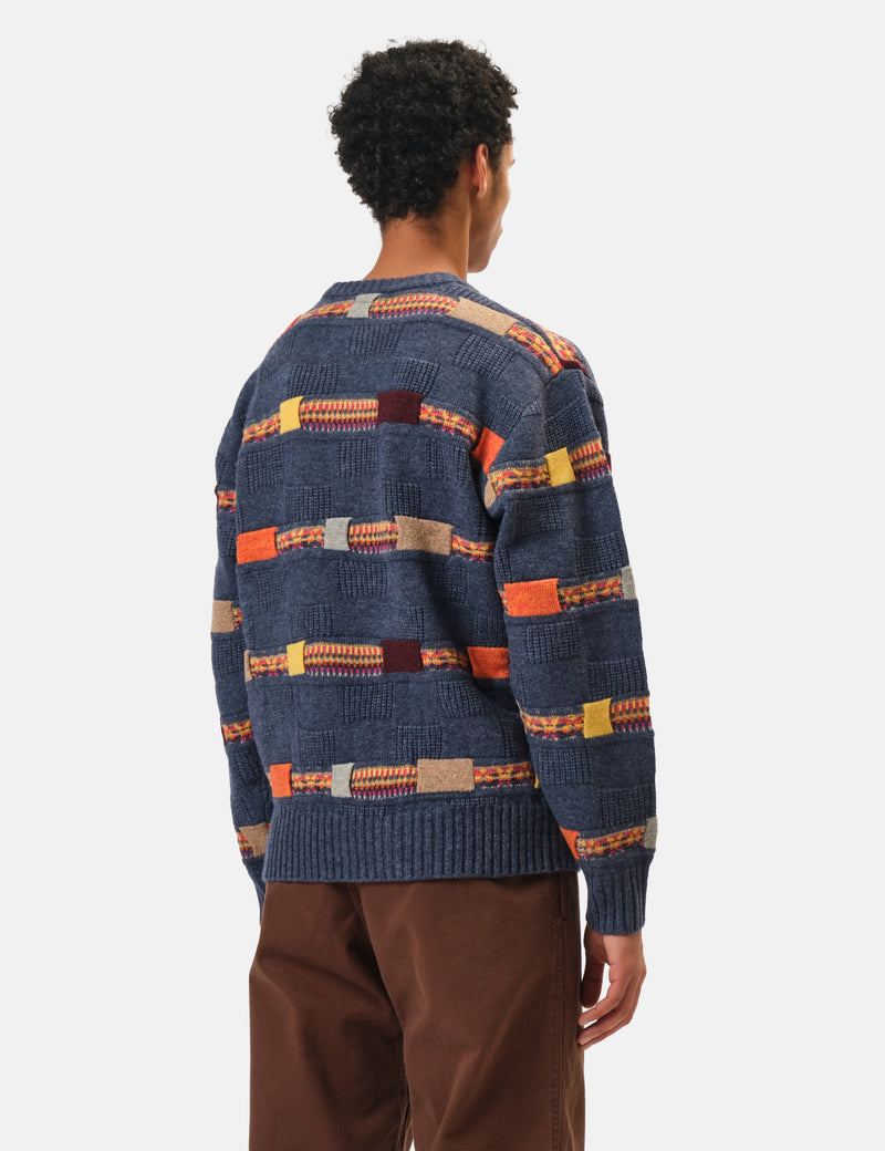 Beams Plus Jacquard Fair Isle Knitted Crew (Stripe 5G) - Navy Blue