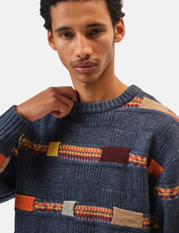 Beams Plus Jacquard Fair Isle Knitted Crew (Stripe 5G) - Navy Blue