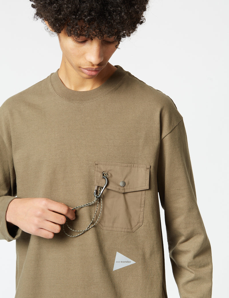 And Wander Pocket Long Sleeve T-Shirt - Dark Beige