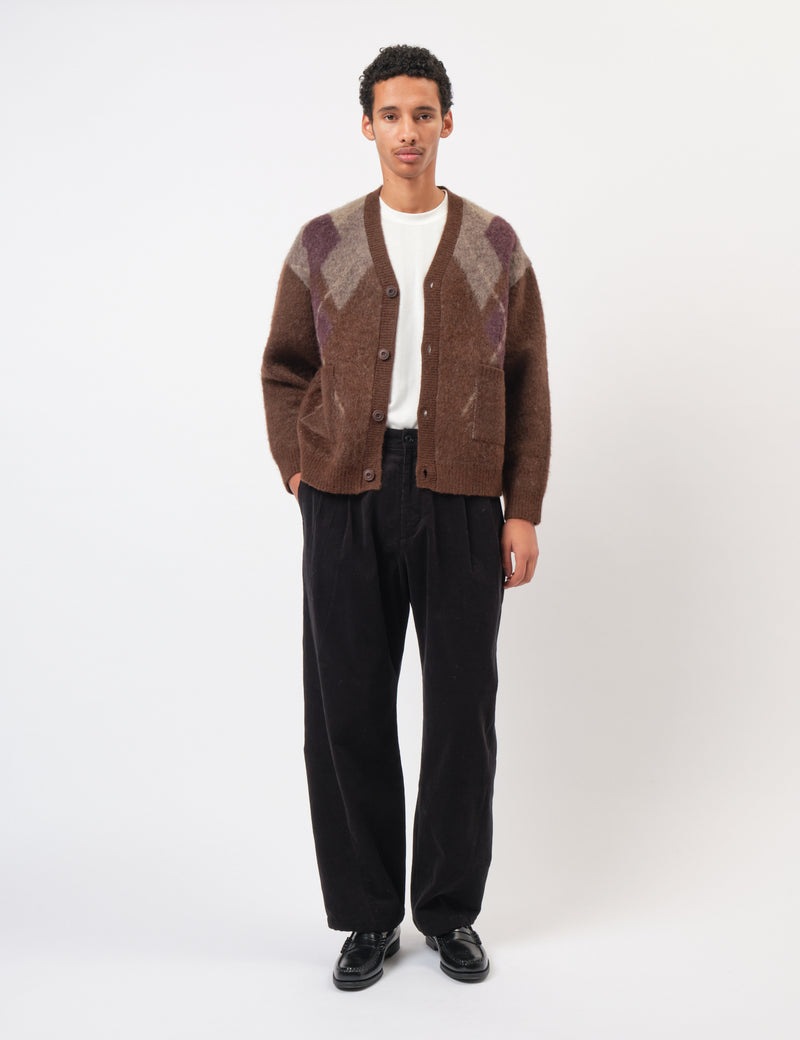 Coor Hairy Mixed Argyle Cardigan - Melange Brown