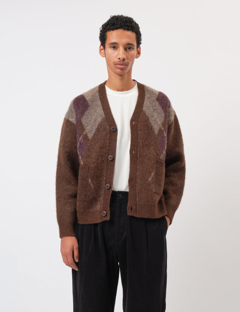 Coor Hairy Mixed Argyle Cardigan - Melange Brown