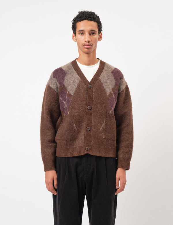 Coor Hairy Mixed Argyle Cardigan - Melange Brown