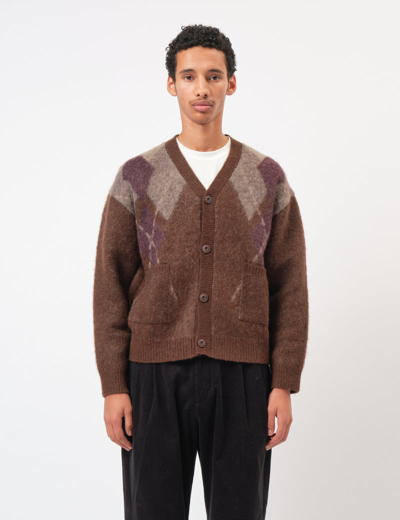 Coor Hairy Mixed Argyle Cardigan - Melange Brown