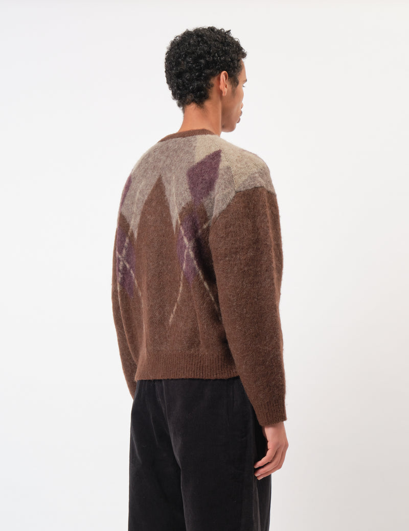 Coor Hairy Mixed Argyle Cardigan - Melange Brown