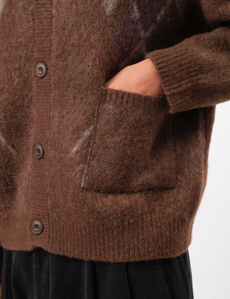 Coor Hairy Mixed Argyle Cardigan - Melange Brown