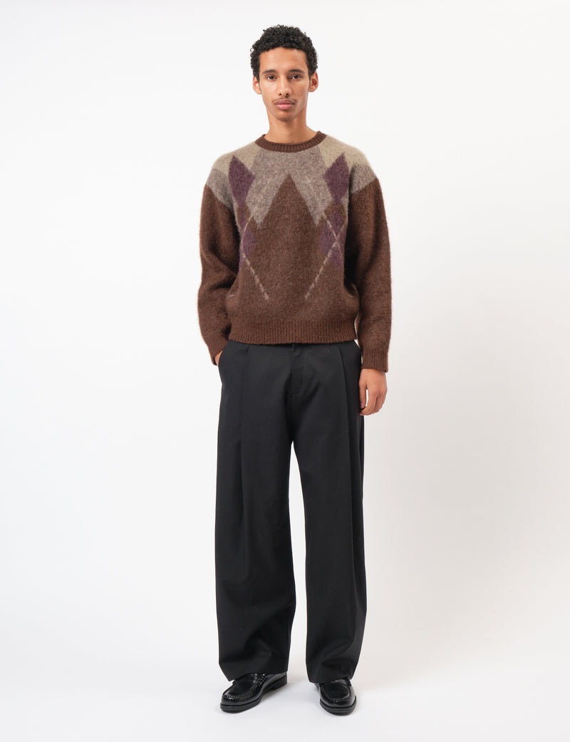 Coor Hairy Mixed Argyle Crewneck Sweater - Melange Brown