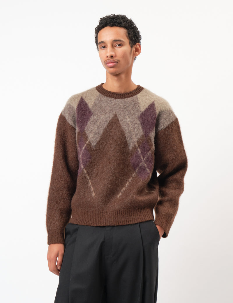 Coor Hairy Mixed Argyle Crewneck Sweater - Melange Brown
