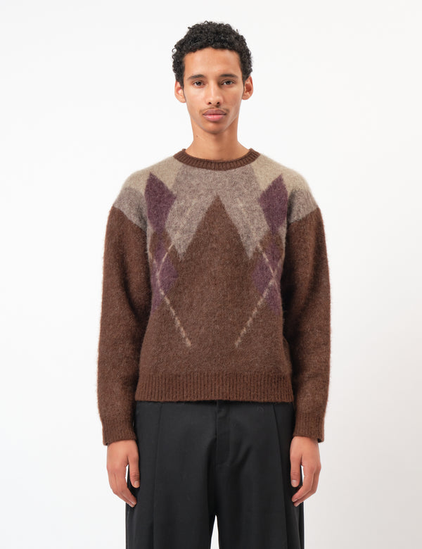 Coor Hairy Mixed Argyle Crewneck Sweater - Melange Brown