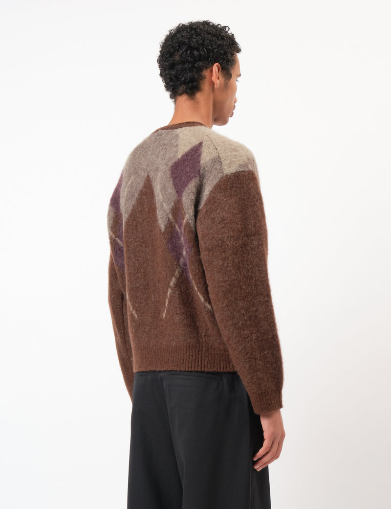 Coor Hairy Mixed Argyle Crewneck Sweater - Melange Brown