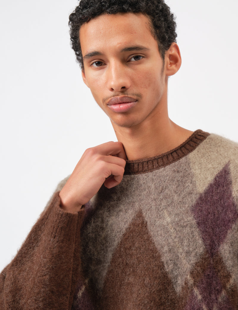 Coor Hairy Mixed Argyle Crewneck Sweater - Melange Brown