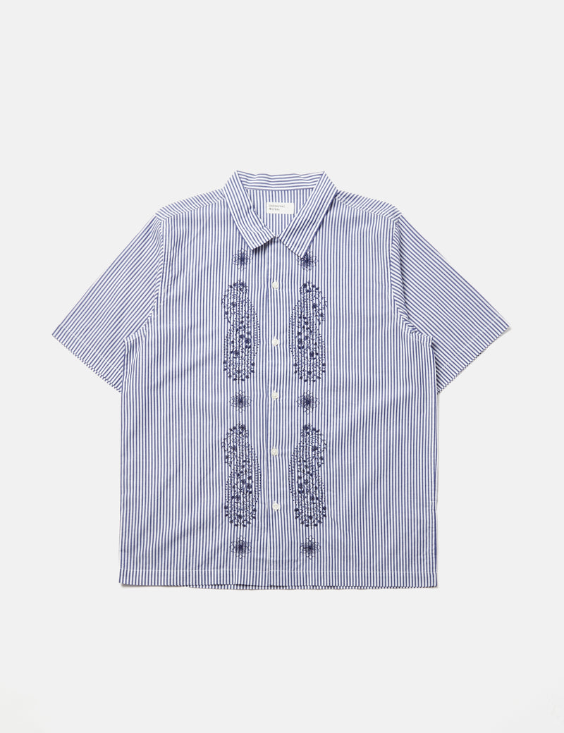 Universal Works Road Trip Shirt (Poplin Stripe) - Navy Blue/White