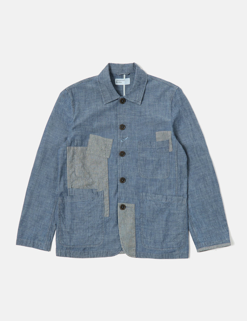 Universal Works Patched Bakers Jacket (Chambray/Hickory) - Indigo Blue