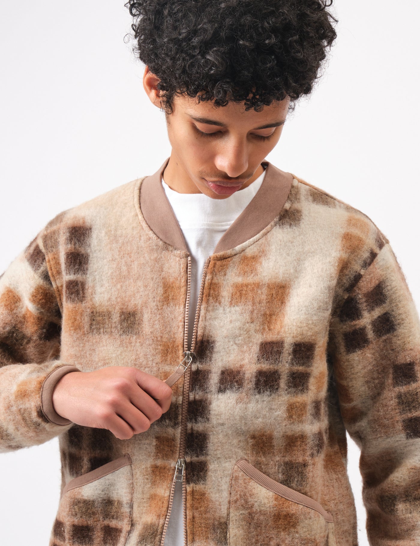 Universal Works Mosaic Fleece Zip Bomber - Sand | Article.