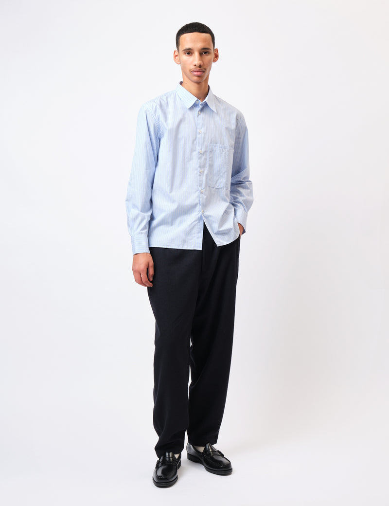 Universal Works Square Pocket Shirt (Office Stripe) - Blue