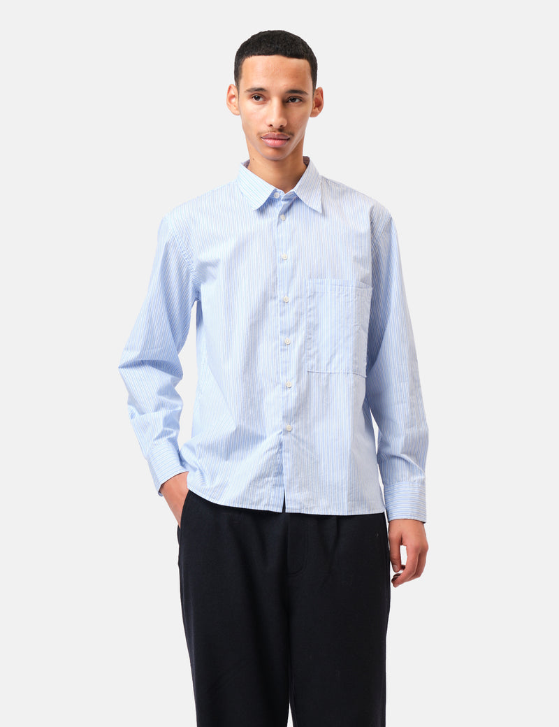 Universal Works Square Pocket Shirt (Office Stripe) - Blue
