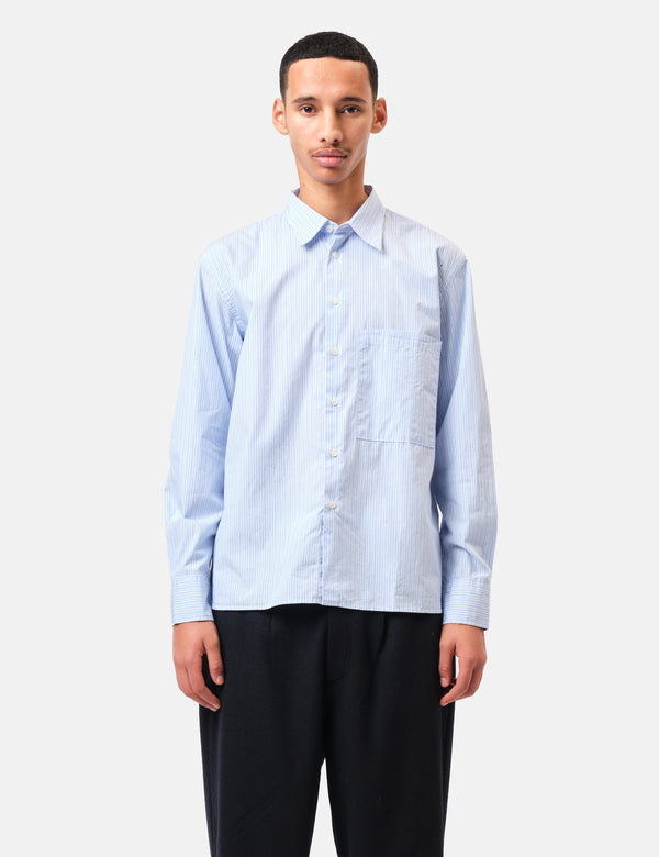 Universal Works Square Pocket Shirt (Office Stripe) - Blue