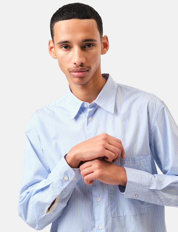 Universal Works Square Pocket Shirt (Office Stripe) - Blue