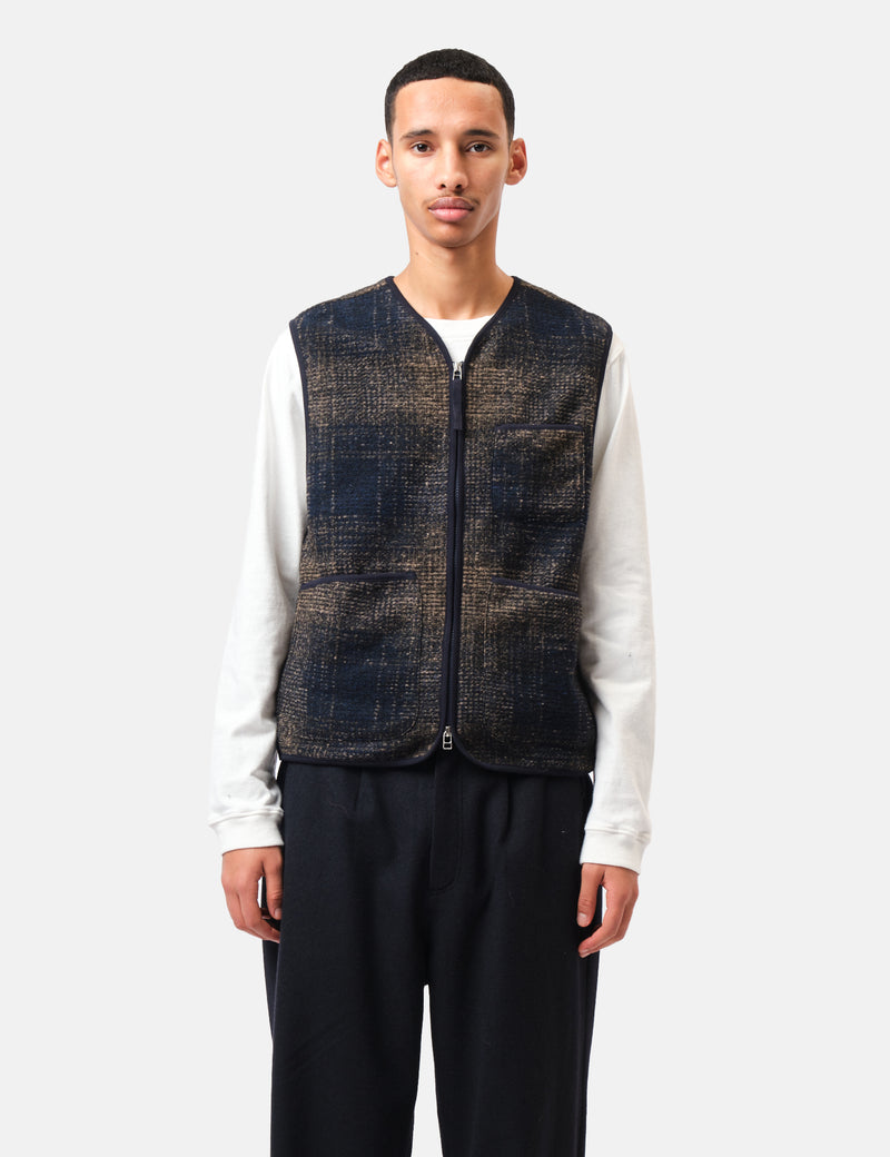 Universal Works Zip Gilet (Deca Check) - Navy Blue