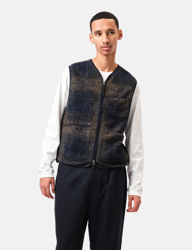 Universal Works Zip Gilet (Deca Check) - Navy Blue