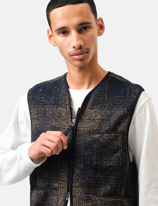 Universal Works Zip Gilet (Deca Check) - Navy Blue