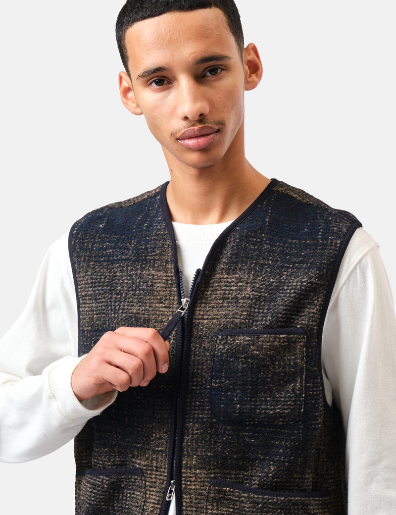 Universal Works Zip Gilet (Deca Check) - Navy Blue