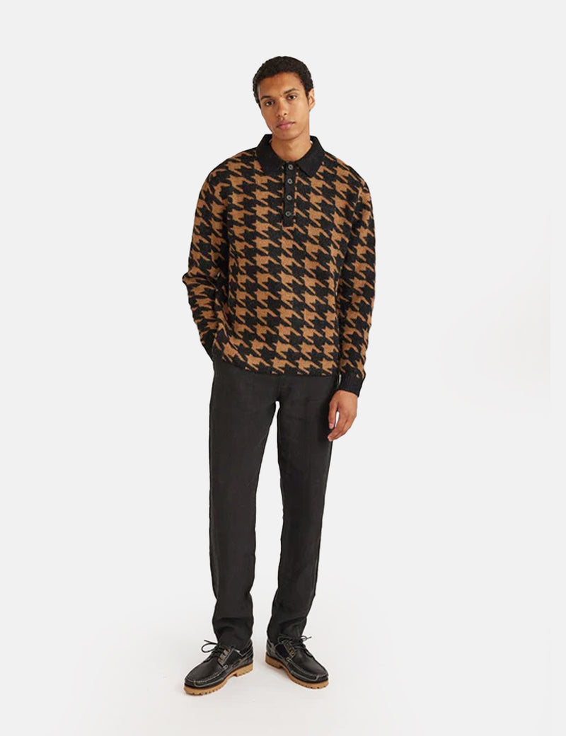 Percival Houndstooth Rugby Shirt (Mohair) - Tan Brown