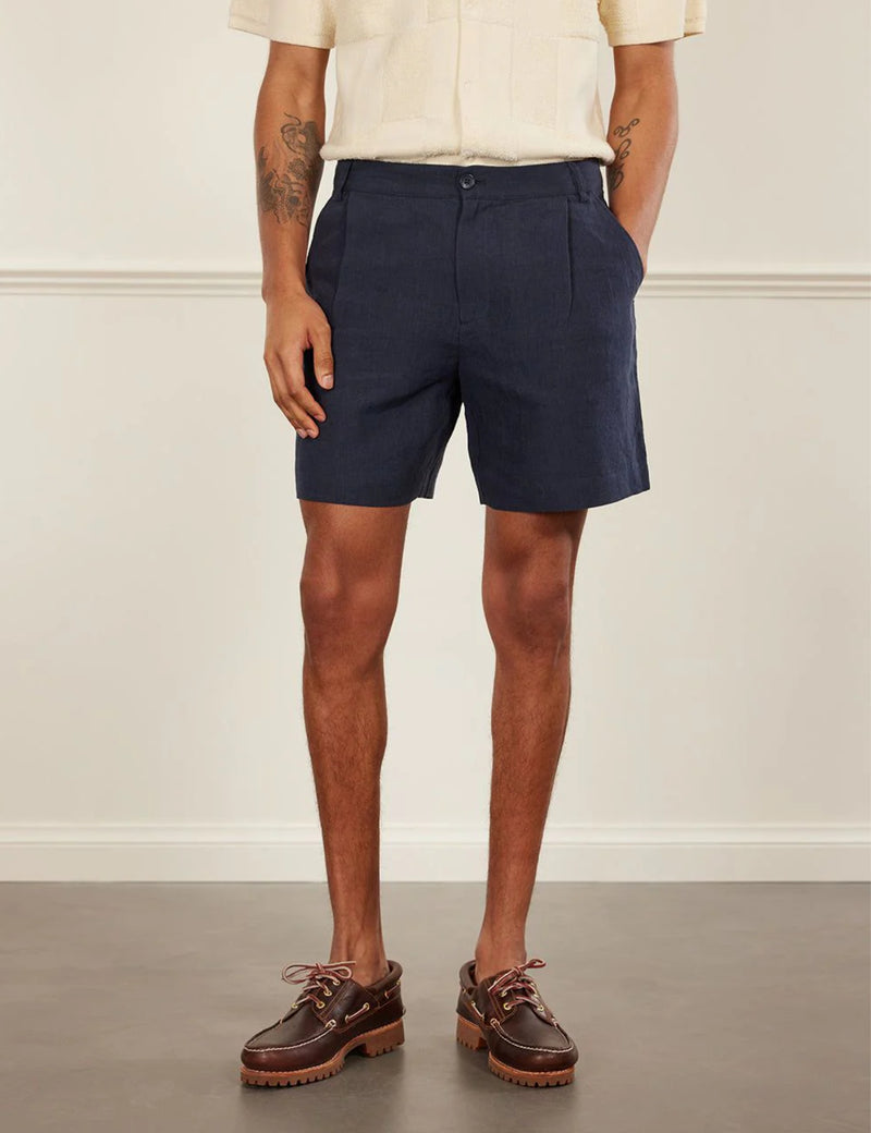 Percival Pleated Linen Shorts - Navy Blue