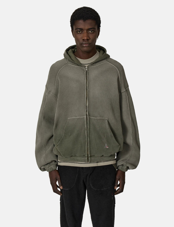 ROA Bee Sun Faded Waffle Zip Up Hoodie - Olive Green