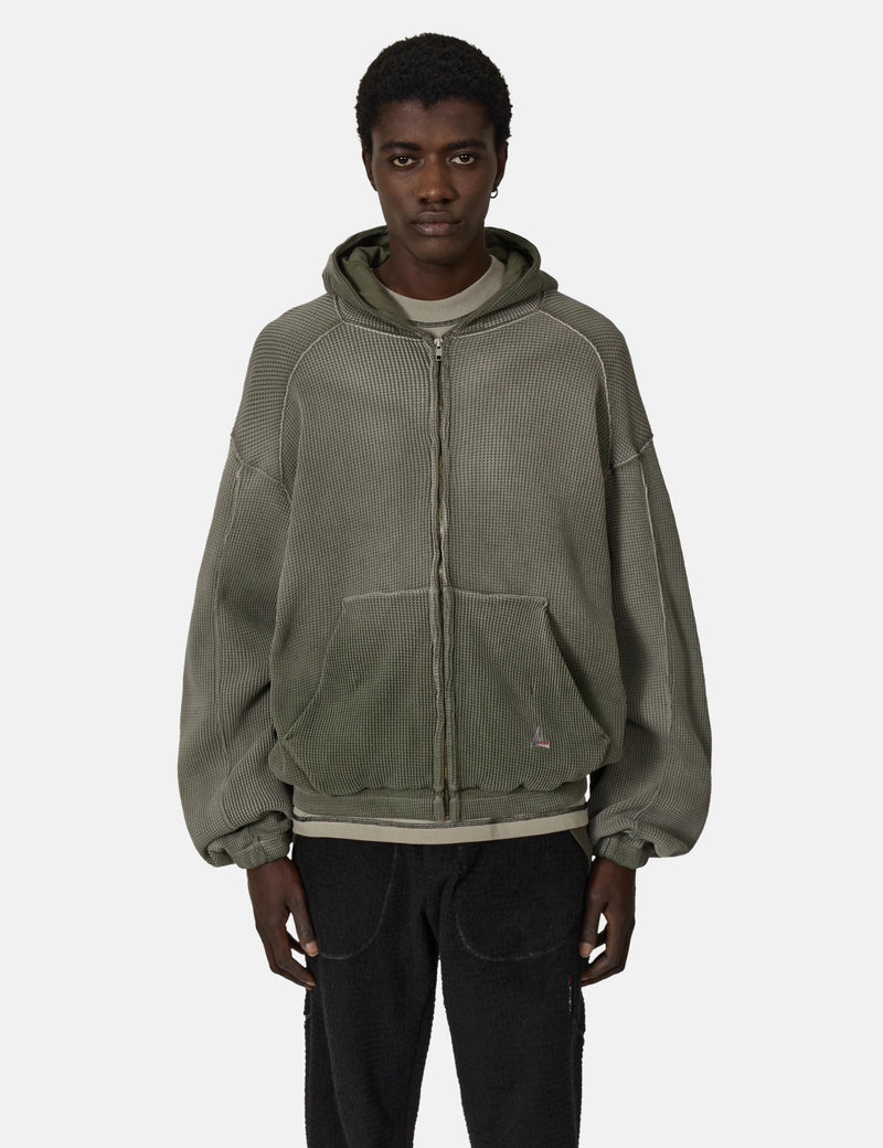 ROA Bee Sun Faded Waffle Zip Up Hoodie - Olive Green